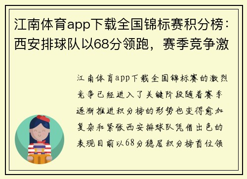 江南体育app下载全国锦标赛积分榜：西安排球队以68分领跑，赛季竞争激烈